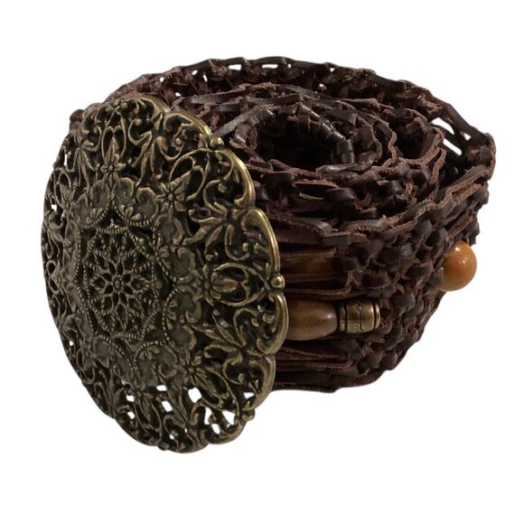 Vtg. Leather Brown Weaved Beaded Hip Hugger Belt Medalion Buckle Hippie Boho - Picture 2 of 9